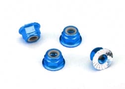 TRA1747R Nuts, aluminum, flanged, serrated (4mm) (blue-anodized) (4)