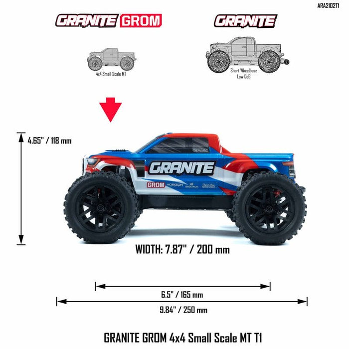 ARA2102T1 1/18 GRANITE GROM MEGA 380 Brushed 4X4 Monster Truck RTR with Battery & Charger, Blue (FOR A EXTRA BATTERY PLEASE ORDER SPMX142S30H2)