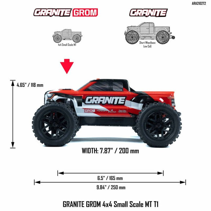 ARA2102T2 1/18 GRANITE GROM MEGA 380 Brushed 4X4 Monster Truck RTR with Battery & Charger, Red (FOR A EXTRA BATTERY PLEASE ORDER SPMX142S30H2)