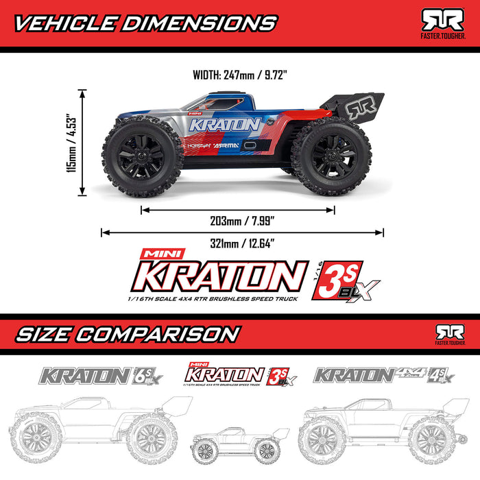 ARA2508T1 Arrma 1/16 Mini KRATON 223S Brushless DSC 4x4 RTR - Black/Red *YOU will need this to run this truck #SPMXCA320, SPMX-1027, SPMX203S30H2 and SPMXC2050