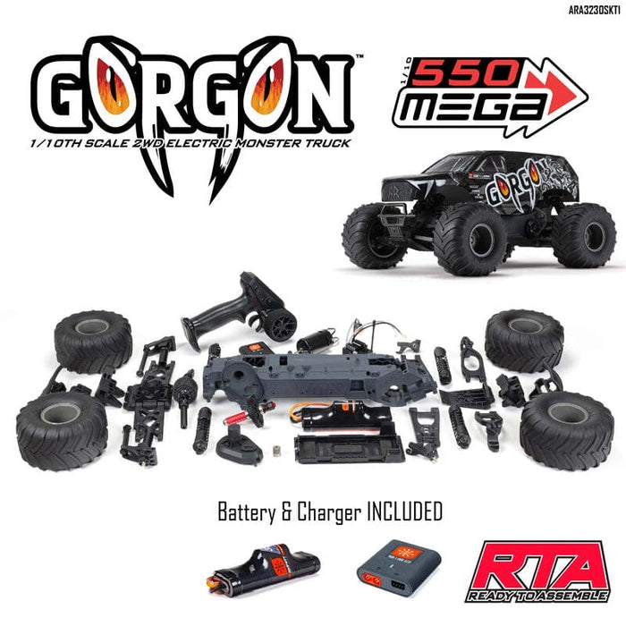 ARA3230SKT1 1/10 GORGON 4X2 MEGA 550 Brushed Monster Truck Ready-To-Assemble Kit with Battery & Charger (fast charger and long run battery SPMXBCB1)
