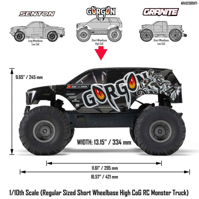 ARA3230SKT1 1/10 GORGON 4X2 MEGA 550 Brushed Monster Truck Ready-To-Assemble Kit with Battery & Charger (fast charger and long run battery SPMXBCB1)