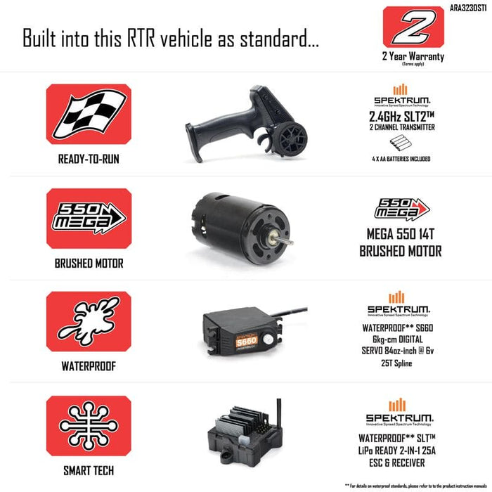 ARA3230ST1 1/10 GORGON 4X2 MEGA 550 Brushed Monster Truck RTR with Battery & Charger, Yellow  (fast charger and long run battery SPMXBCB1)