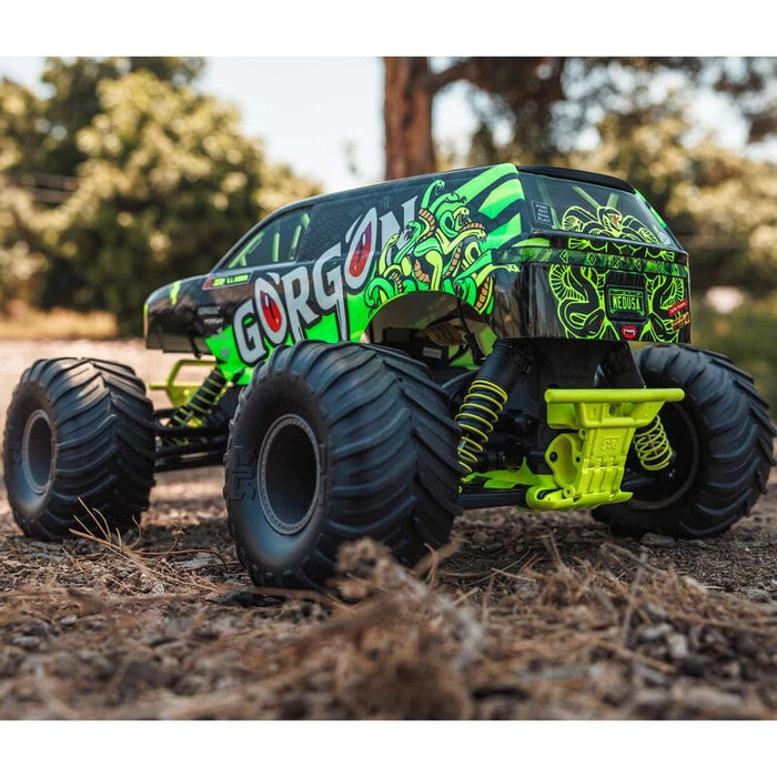 ARA3230ST1 1/10 GORGON 4X2 MEGA 550 Brushed Monster Truck RTR with Battery & Charger, Yellow  (fast charger and long run battery SPMXBCB1)