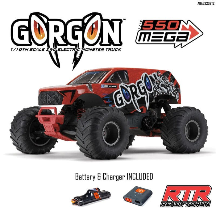ARA3230ST2 1/10 GORGON 4X2 MEGA 550 Brushed Monster Truck RTR with Battery & Charger, Red (fast charger and long run battery SPMXBCB1)