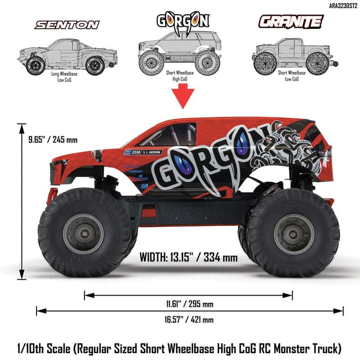 ARA3230ST2 1/10 GORGON 4X2 MEGA 550 Brushed Monster Truck RTR with Battery & Charger, Red (fast charger and long run battery SPMXBCB1)