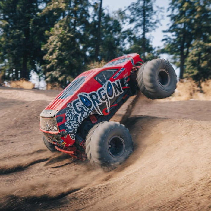 ARA3230ST2 1/10 GORGON 4X2 MEGA 550 Brushed Monster Truck RTR with Battery & Charger, Red (fast charger and long run battery SPMXBCB1)