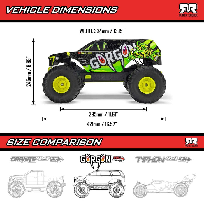 ARA3230ST3 1/10 GORGON 2WD RTR Brushed Monster Truck (Battery & Charger Included), Gun Metal