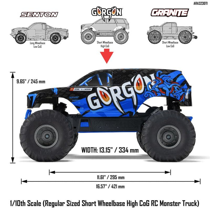 ARA3230T1 GORGON 2wd MT 1/10th RTR (no Batt) Blue ( for fast charger and long  run batter order #SPMX-1031)