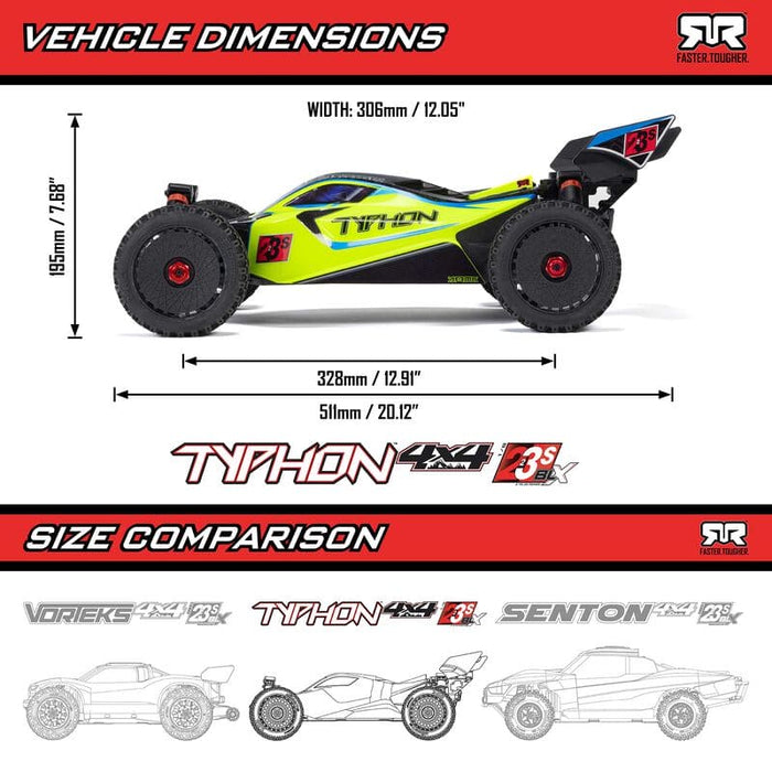 ARA4306V4T3 1/8 TYPHON 223S DSC 4X4 RTR Brushless Buggy, Red