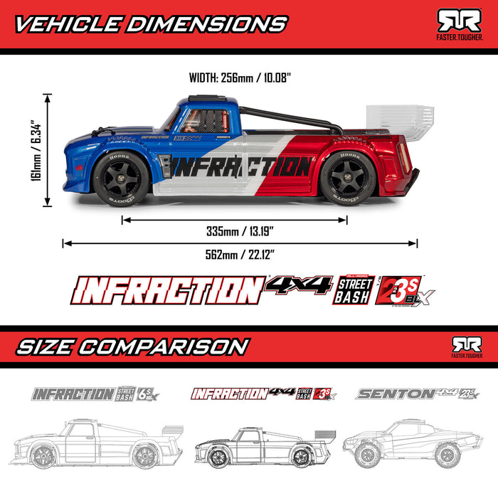 ARA4315V4T1 Arrma 1/8 INFRACTION 223S DSC 4X4 RTR Brushless - Blue/Red