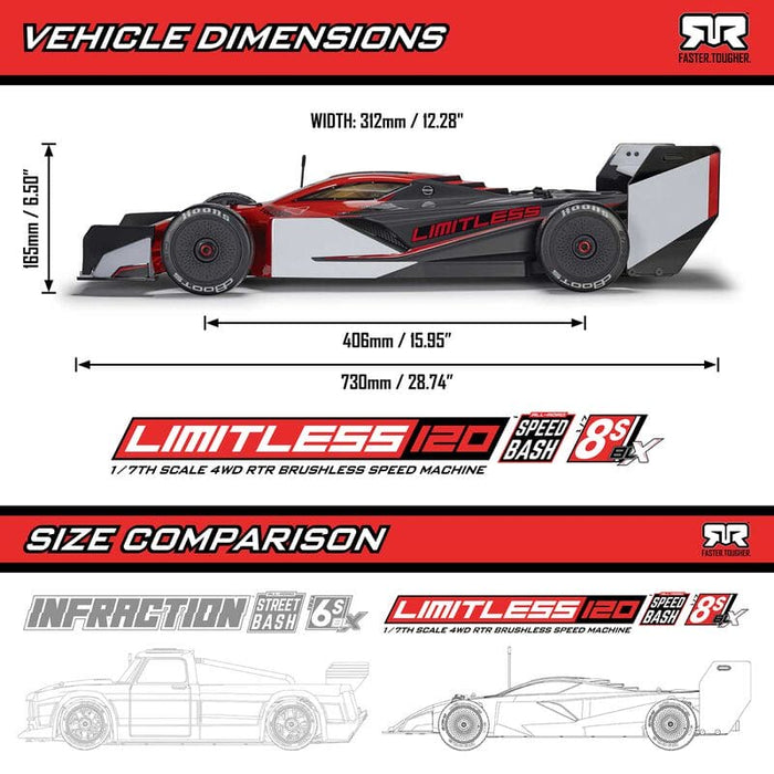 ARA7816T1 Arrma 1/7 LIMITLESS 120 8S BLX Speed Machine RTR w AVC - Red ** YOU WILL NEED THESE TO RUN THIS CAR -  BATTERY AND CHARGER PART# SPMXPSS800