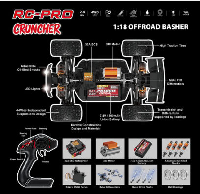 RCP18100BL CRUNCHER – 1/18 RC truck with metal drive shaft, metal diffs and oil shocks