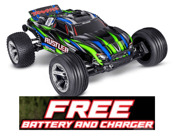 TRA37354-4GREEN Traxxas 1/10 Rustler 2WD BL-2S Clipless - Green **Free battery charger with the purchase of this truck. Please add TRA2827X and TRA2920 to your order  to get it free.** if you order from this promotion it is final sale
