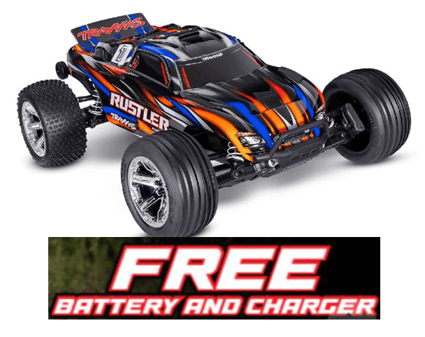 TRA37354-4ORANGE Traxxas 1/10 Rustler 2WD BL-2S Clipless - Orange**Free battery charger with the purchase of this truck. Please add TRA2827X and TRA2920 to your order  to get it free.** if you order from this promotion it is final sale