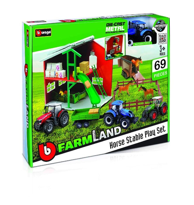 BUR18-31682 Bburago Farmland 10cm Horse Stable (Fendt, NH, M-F) (3 Pack)