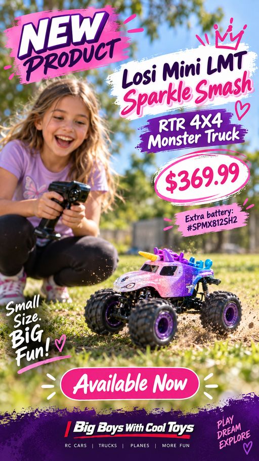 LOS01026T5 Losi 1/18 Mini LMT Sparkle Smash Brushed Monster Truck 4X4 RTR (FOR Extra battery ORDER #SPMX812SH2)