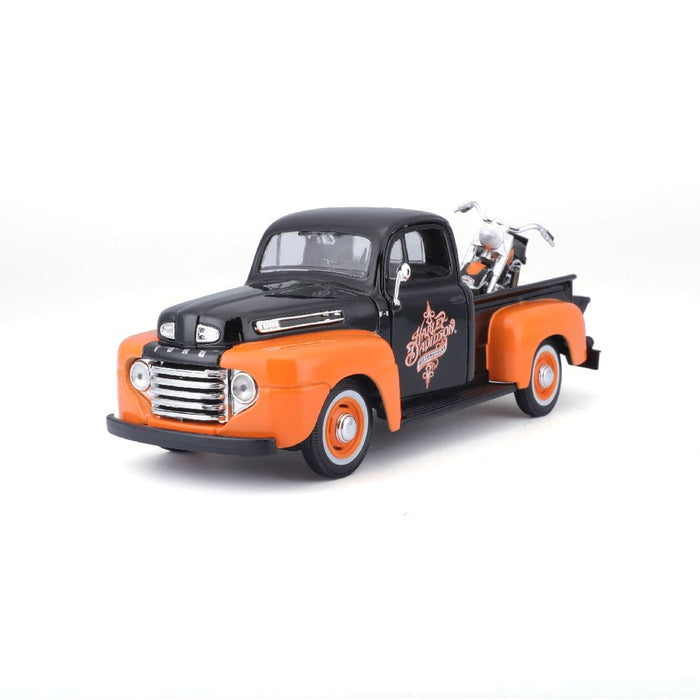 MAI32180 Maisto 1/24 H-D '58 FLH Duo Glide + '48 Ford F-1 (Black/Orange)