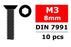COR3002-30-08 Steel Screws M3 x 8mm, Hex Flat Head, 10pcs