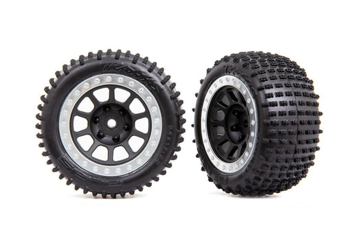 TRA2470G Tires & wheels, assembled (2.2" black, satin chrome beadlock wheels, Alias? 2.2" tires) (2) (Bandit? rear, medium compound with foam inserts)
