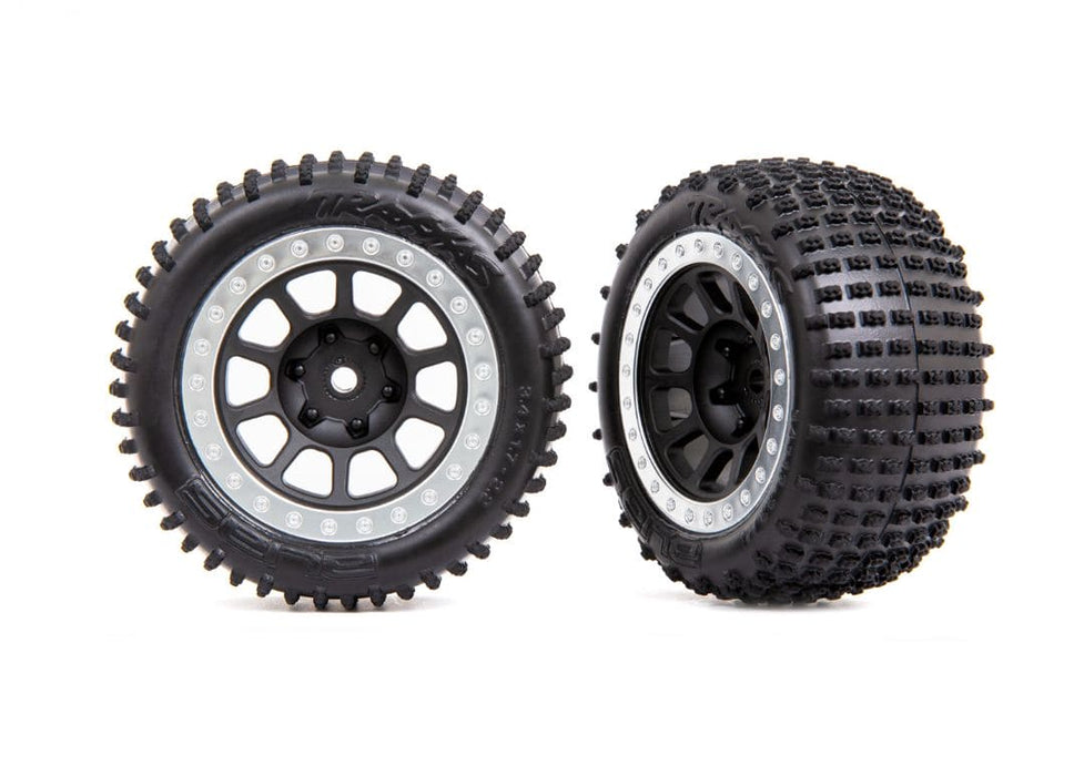 TRA2470G Tires & wheels, assembled (2.2" black, satin chrome beadlock wheels, Alias? 2.2" tires) (2) (Bandit? rear, medium compound with foam inserts)