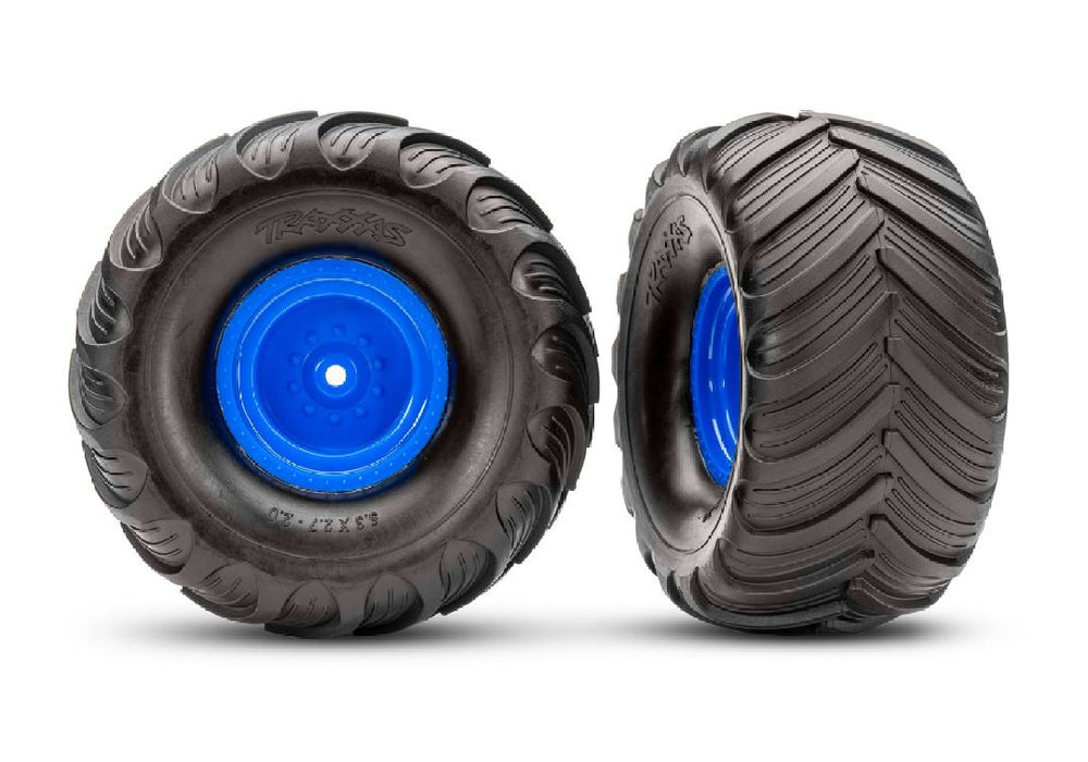 TRA3663-BLUE Traxxas Terra Groove Tires mounted on blue wheels (2)(rear)