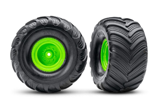 TRA3663-GRN Traxxas Terra Groove Tires mounted on green wheels (2)(rear)
