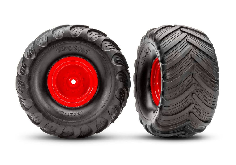 TRA3663-RED Traxxas Terra Groove Tires mounted on red wheels (2)(rear)