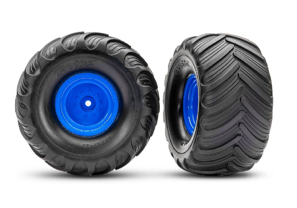 TRA3665-BLUE Traxxas Terra Groove Tires mounted on blue wheels (2)(front)