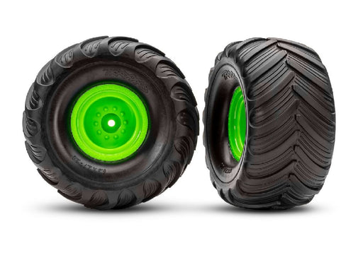 TRA3665-GRN Traxxas Terra Groove Tires mounted on green wheels (2)(front)