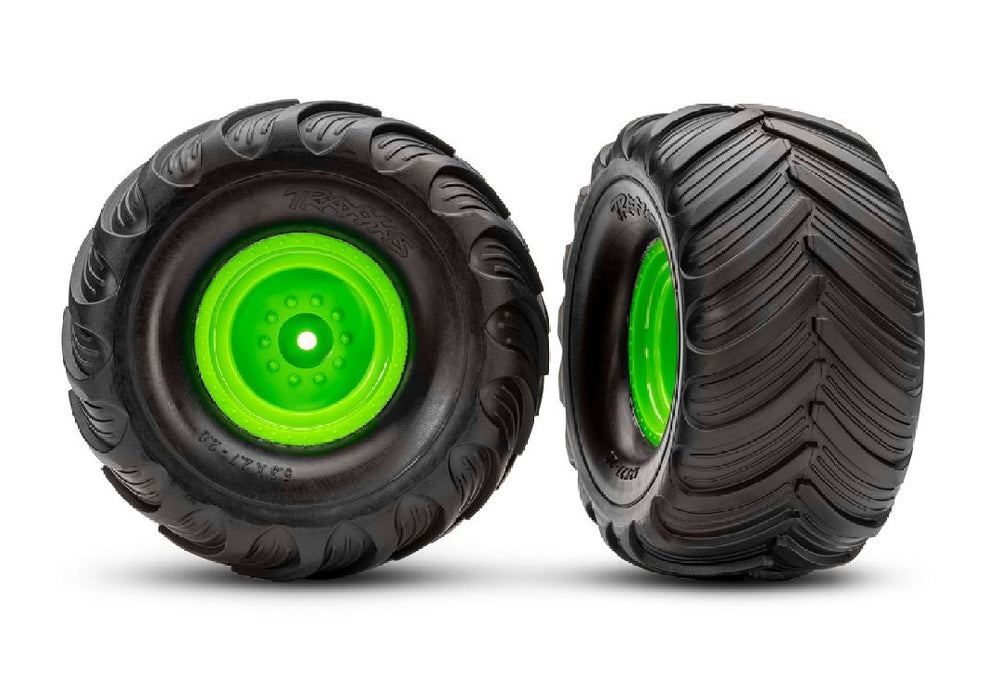 TRA3665-GRN Traxxas Terra Groove Tires mounted on green wheels (2)(front)