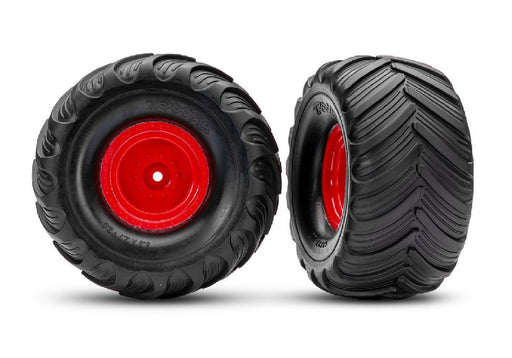 TRA3665-RED Traxxas Terra Groove Tires mounted on red wheels (2)(front)