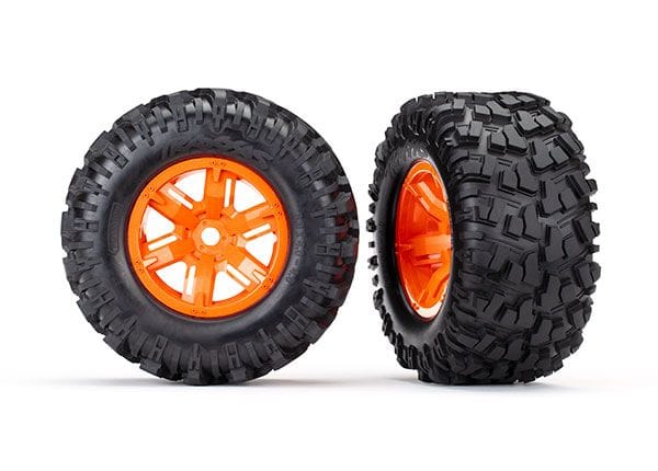 TRA7772T Traxxas Tires & wheels, assembled, glued (X-Maxx orange wheels, Maxx AT tires, foam inserts) (left & right) (2) 8S Rated