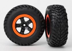 TRA5864 Tire & wheel assy, glued (SCT black, orange beadlock wheels, SCT off-road racing tires, foam inserts) (2) (2WD front)