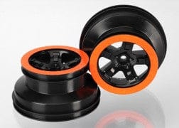 TRA5868X Wheels, SCT black, orange beadlock style, dual profile (2.2" outer 3.0" inner) (4WD f/r, 2WD rear) (2)