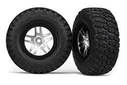 TRA5877 Tires & wheels, assembled, glued (SCT Split-Spoke, satin chrome, black beadlock wheels, BFGoodrich? Mud-TerrainTM T/A? KM2 tires, foam inserts) (2) (2WD front)