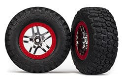 TRA5877A Tires & wheels, assembled, glued (SCT Split-Spoke, chrome red beadlock style wheels, BFGoodrich? Mud-TerrainTM T/A? KM2 tires, foam inserts) (2) (2WD front)