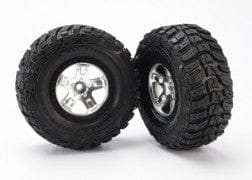 TRA5881 Tires & wheels, assembled, glued (SCT satin chrome, black beadlock style wheels, Kumho tires, foam inserts) (2) (2WD front)