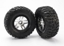 TRA5882 Tires & wheels, assembled, glued (SCT Split-Spoke satin chrome, black beadlock style wheels, Kumho tires, foam inserts) (2) (2WD front)