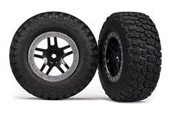 TRA5883 Tires & wheels, assembled, glued (SCT Split-Spoke, black, satin chrome beadlock wheels, BFGoodrich? Mud-TerrainTM T/A? KM2 tire, foam inserts) (2) (4WD f/r, 2WD rear)