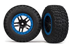 TRA5883A Tire & wheel assy, glued (SCT Split-Spoke, black, blue beadlock wheels, BFGoodrich? Mud-TerrainTM T/A? KM2 tire, inserts) (2) (4WD f/r, 2WD rear)