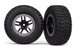 TRA5885 Tires & wheels, assembled, glued (SCT Split-Spoke, black, satin chrome beadlock wheels, T/A? KM2 tires, foam inserts) (2) (2WD Front)