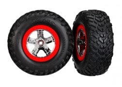 TRA5887 Tires & wheels, assembled, glued (SCT chrome wheels, red beadlock style, dual profile (2.2" outer, 3.0" inner), SCT offroad racing tires, foam inserts) (2) (2wd front)  racing tires, foam inserts) (2) (4WD f/r, 2WD rear) (TSM rated)