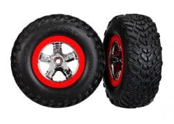 TRA5888 Tires & wheels, assembled, glued (SCT chrome wheels, red beadlock style, dual profile (2.2" outer, 3.0" inner), SCT offroad racing tires, foam inserts) (2) (2wd front)