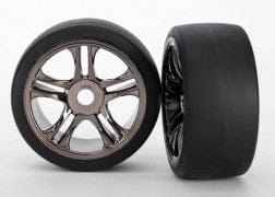 TRA6479 Tires & wheels, assembled, glued (split-spoke, black chrome wheels, slick tires