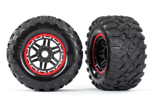 TRA8972R Traxxas Tires & wheels, assembled, glued (black, red beadlock style wheels, Maxx MT tires, foam inserts) (2) (17mm splined) (TSM rated)