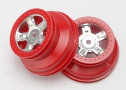 TRA7072A Wheels, SCT satin chrome, red beadlock style, dual profile (1.8" inner, 1.4" outer) (2)