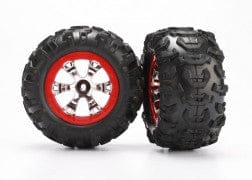 TRA7272 Tires and wheels, assembled, glued (Geode chrome, red beadlock style wheels, Canyon AT tires, foam inserts) (1 left, 1 right)