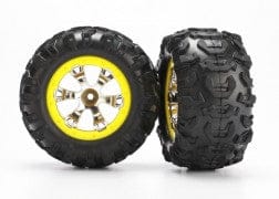 TRA7276 Tires and wheels, assembled, glued (Geode chrome, yellow beadlock style wheels, Canyon AT tires, foam inserts)(1 left, 1 right)