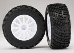 TRA7473 Tires & wheels, assembled, glued (White wheels, BFGoodrich? Rally, gravel pattern, tires, foam inserts) (2) (TSM rated)